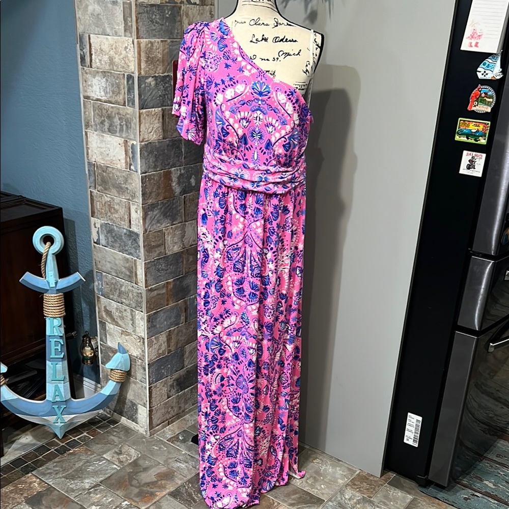 Lilly Pulitzer Solana One Shoulder Maxi Dress Havana Pink Turtle Tidepool
